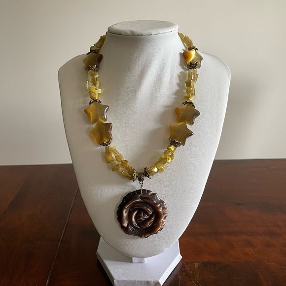 Cat eye glass beads choker stars flower brass toggle clasp yellow brown - Picture 2 of 5